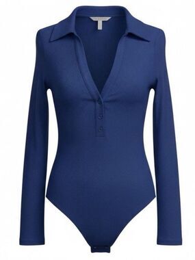 Violet & Roses Ribbed Bodysuit 1X Blue V-Neck Collared Long Sleeve Plus Size